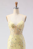 Espartilho amarelo de sereia, renda floral nas costas, vestido comprido de baile com lantejoulas