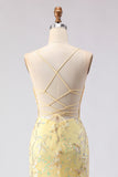 Espartilho amarelo de sereia, renda floral nas costas, vestido comprido de baile com lantejoulas