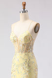 Espartilho amarelo de sereia, renda floral nas costas, vestido comprido de baile com lantejoulas