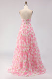 Vestido de Baile de Finalistas Longo com Espartilho Floral Rosa Estampado Strapless A Line