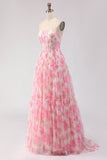Vestido de Baile de Finalistas Longo com Espartilho Floral Rosa Estampado Strapless A Line
