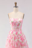 Vestido de Baile de Finalistas Longo com Espartilho Floral Rosa Estampado Strapless A Line