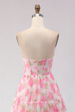 Vestido de Baile de Finalistas Longo com Espartilho Floral Rosa Estampado Strapless A Line
