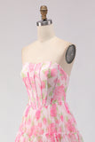 Vestido de Baile de Finalistas Longo com Espartilho Floral Rosa Estampado Strapless A Line