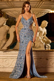 Vestido Comprido de Baile com Lantejoulas de Sereia Azul Empoeirado