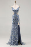 Vestido comprido de baile de finalistas com lantejoulas azuis poeirentas com lantejoulas e corte de sereia