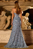 Vestido Comprido de Baile com Lantejoulas de Sereia Azul Empoeirado