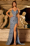 Vestido Comprido de Baile com Lantejoulas de Sereia Azul Empoeirado