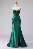Vestido de Baile Comprido Sereia Verde Escuro com Espartilho e Aplicações de Missangas