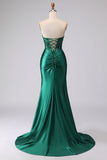 Vestido de Baile Comprido Sereia Verde Escuro com Espartilho e Aplicações de Missangas