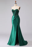 Vestido de Baile Comprido Sereia Verde Escuro com Espartilho e Aplicações de Missangas
