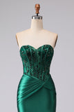 Vestido de Baile Comprido Sereia Verde Escuro com Espartilho e Aplicações de Missangas