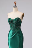 Vestido de Baile Comprido Sereia Verde Escuro com Espartilho e Aplicações de Missangas