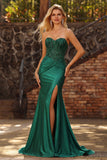 Vestido de Baile Comprido Sereia Verde Escuro com Espartilho e Aplicações de Missangas
