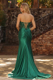 Vestido de Baile Comprido Sereia Verde Escuro com Espartilho e Aplicações de Missangas