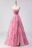 Espartilho floral de tule com padrão A cor-de-rosa Vestido de Baile comprido com fenda