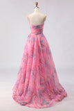 Espartilho floral de tule com padrão A cor-de-rosa Vestido de Baile comprido com fenda