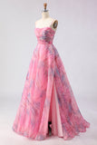 Espartilho floral de tule com padrão A cor-de-rosa Vestido de Baile comprido com fenda