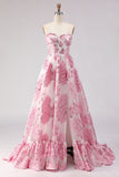 Vestido de Baile de Finalistas Cortel Jacquard Cor-de-Rosa Linha A Strapless com Fenda