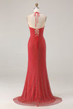 Vestido de Baile de finalistas longo com mingas abertas e sereia com alças vermelhas e fenda