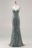 Vestido longo de baile cinzento-verde-cinzento cinzento com lantejoulas e lantejoulas