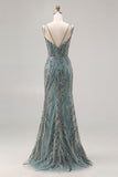 Vestido longo de baile cinzento-verde-cinzento cinzento com lantejoulas e lantejoulas