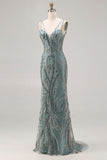 Vestido longo de baile cinzento-verde-cinzento cinzento com lantejoulas e lantejoulas