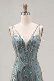 Vestido longo de baile cinzento-verde-cinzento cinzento com lantejoulas e lantejoulas