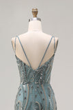 Vestido longo de baile cinzento-verde-cinzento cinzento com lantejoulas e lantejoulas
