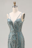Vestido longo de baile cinzento-verde-cinzento cinzento com lantejoulas e lantejoulas