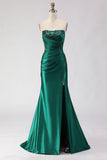 Vestido de Baile de Baile Longo Sem Alças com Lantejoulas Verde Escuro e Ranhurado Verde Escuro