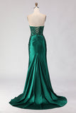 Vestido de Baile de Baile Longo Sem Alças com Lantejoulas Verde Escuro e Ranhurado Verde Escuro