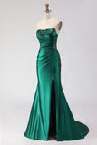 Vestido de Baile de Baile Longo Sem Alças com Lantejoulas Verde Escuro e Ranhurado Verde Escuro