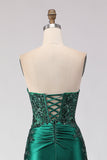 Vestido de Baile de Baile Longo Sem Alças com Lantejoulas Verde Escuro e Ranhurado Verde Escuro