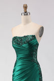 Vestido de Baile de Baile Longo Sem Alças com Lantejoulas Verde Escuro e Ranhurado Verde Escuro