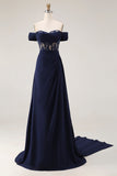 Espartilho azul-marinho com linha A, vestido comprido de baile com renda nas costas