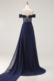 Espartilho azul-marinho com linha A, vestido comprido de baile com renda nas costas