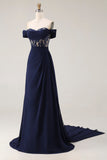Espartilho azul-marinho com linha A, vestido comprido de baile com renda nas costas