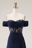 Espartilho azul-marinho com linha A, vestido comprido de baile com renda nas costas