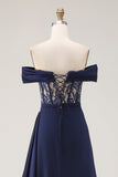 Espartilho azul-marinho com linha A, vestido comprido de baile com renda nas costas