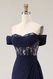 Espartilho azul-marinho com linha A, vestido comprido de baile com renda nas costas