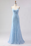 Vestido de baile longo de finalistas com alças finas de sereia azul céu com alças finas