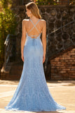 Vestido Longo de Baile com Lantejoulas em Renda Azul Celeste e Lantejoulas