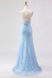 Vestido de baile longo de finalistas com alças finas de sereia azul céu com alças finas