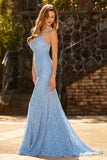 Vestido Longo de Baile com Lantejoulas em Renda Azul Celeste e Lantejoulas