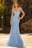 Vestido Longo de Baile com Lantejoulas em Renda Azul Celeste e Lantejoulas