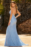 Vestido Longo de Baile com Lantejoulas em Renda Azul Celeste e Lantejoulas