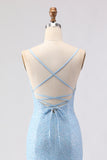 Vestido de baile longo de finalistas com alças finas de sereia azul céu com alças finas