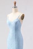 Vestido de baile longo de finalistas com alças finas de sereia azul céu com alças finas