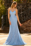 Vestido Longo de Baile com Lantejoulas em Renda Azul Celeste e Lantejoulas